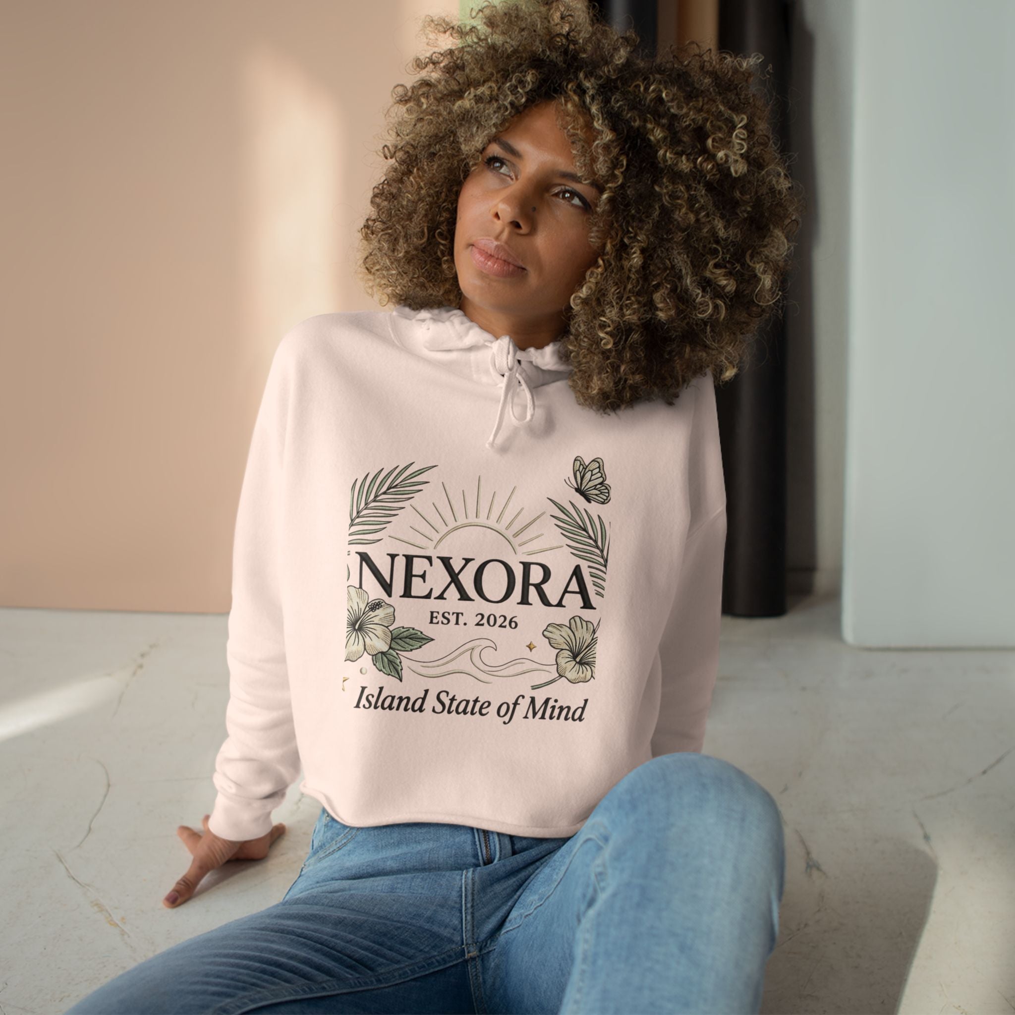 Nexora Crop Hoodie — "Island State of Mind" Floral Sun Graphic