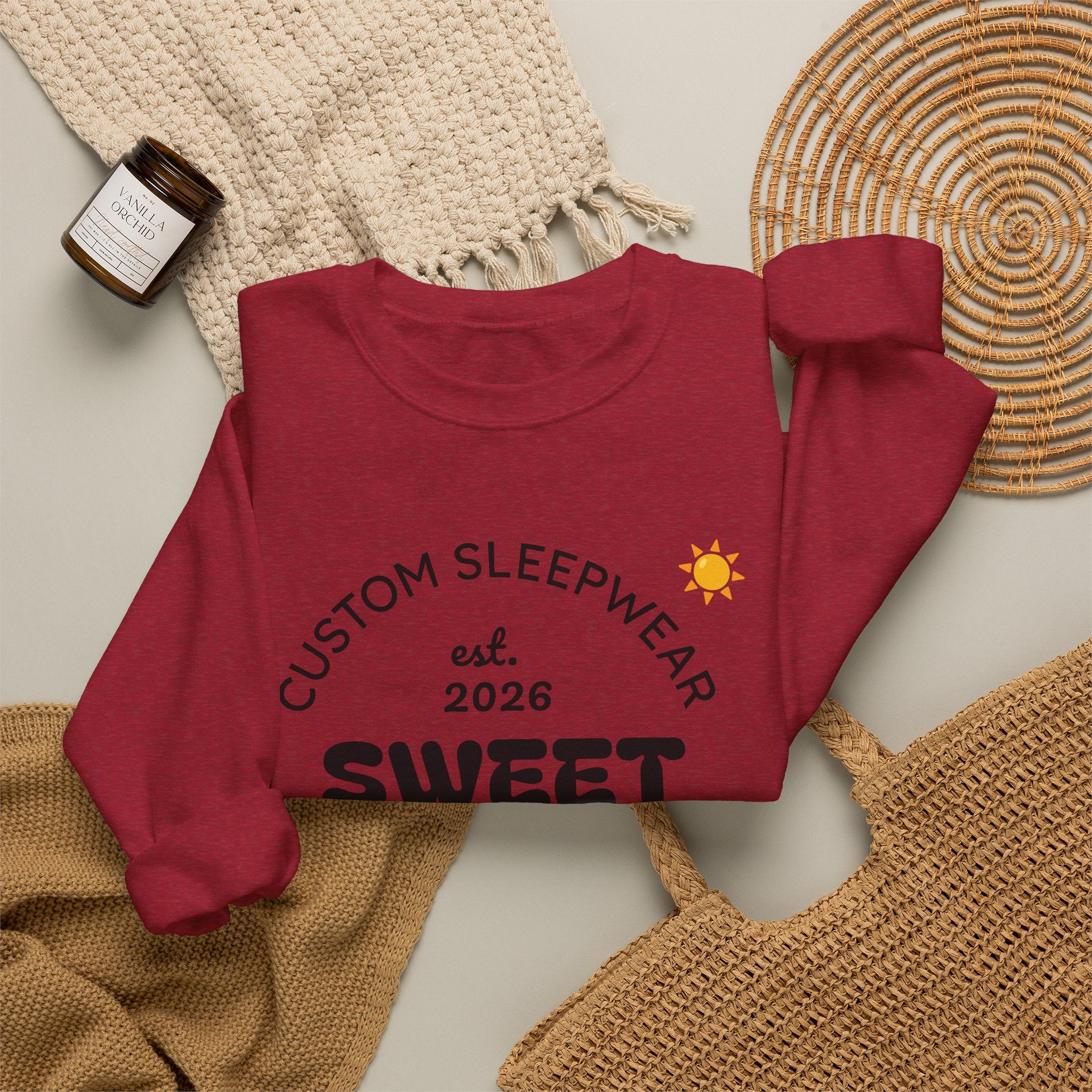 Sweet Dreams graphic Crewneck Sweatshirt | Custom Sleepwear logo, cherries