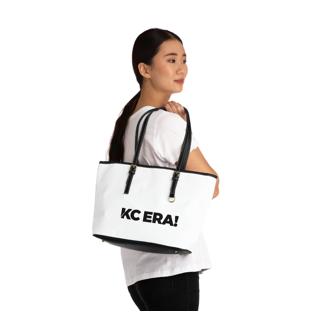 KC ERA! PU Leather Shoulder Bag — Bold White Tote for Everyday Use