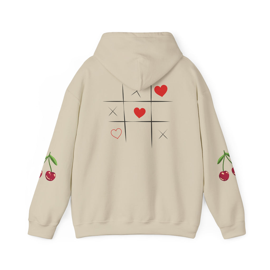 Heart Tic-Tac-Toe Hoodie — Cute Cherry Sleeve Graphic Hoodie