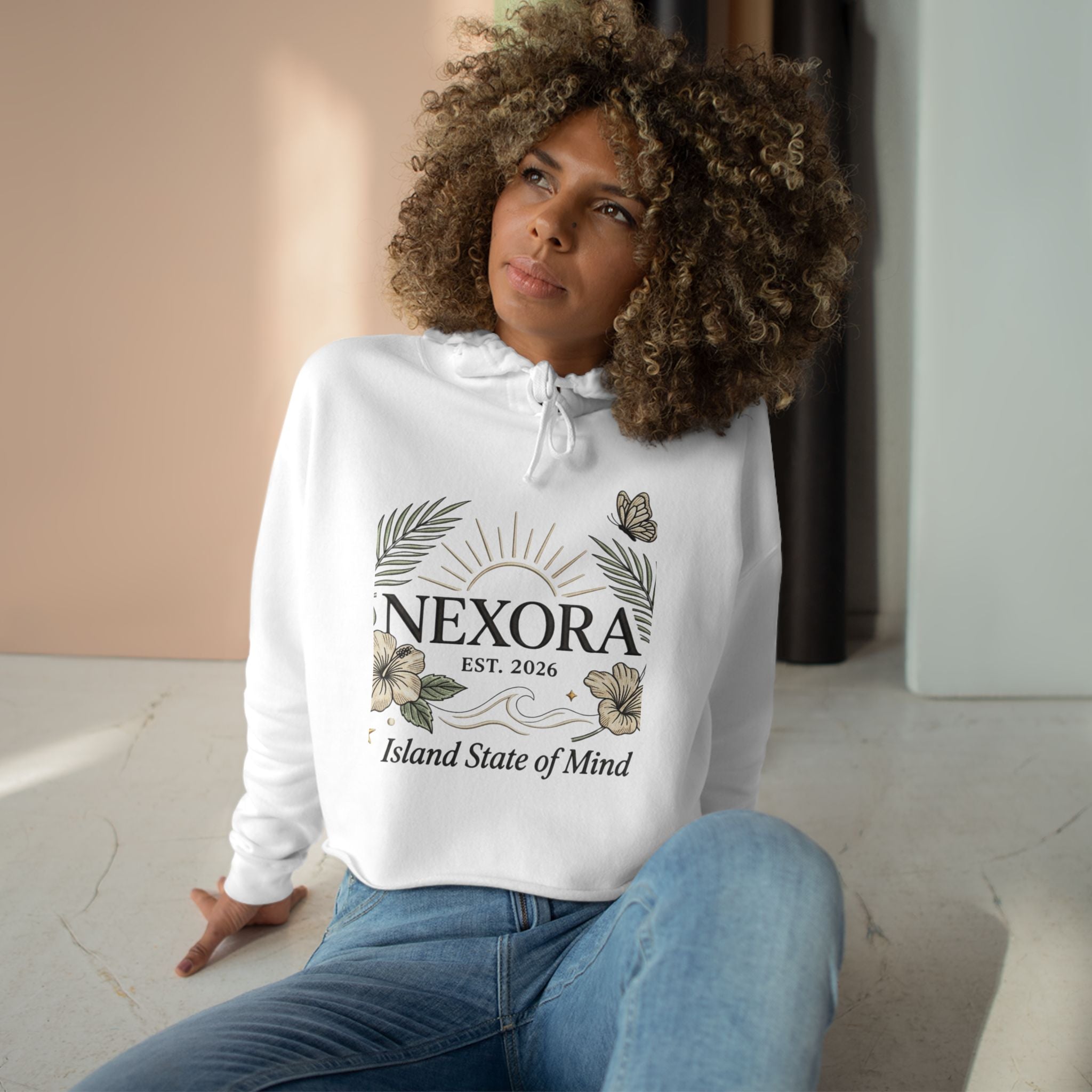 Nexora Crop Hoodie — "Island State of Mind" Floral Sun Graphic