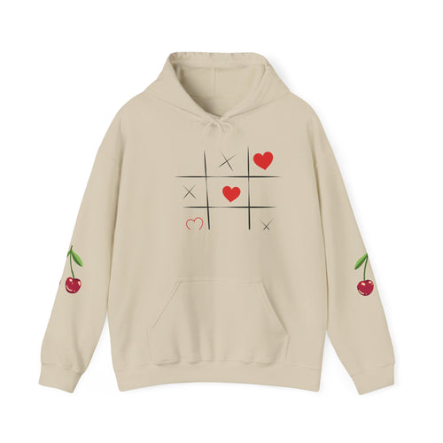 Heart Tic-Tac-Toe Hoodie — Cute Cherry Sleeve Graphic Hoodie