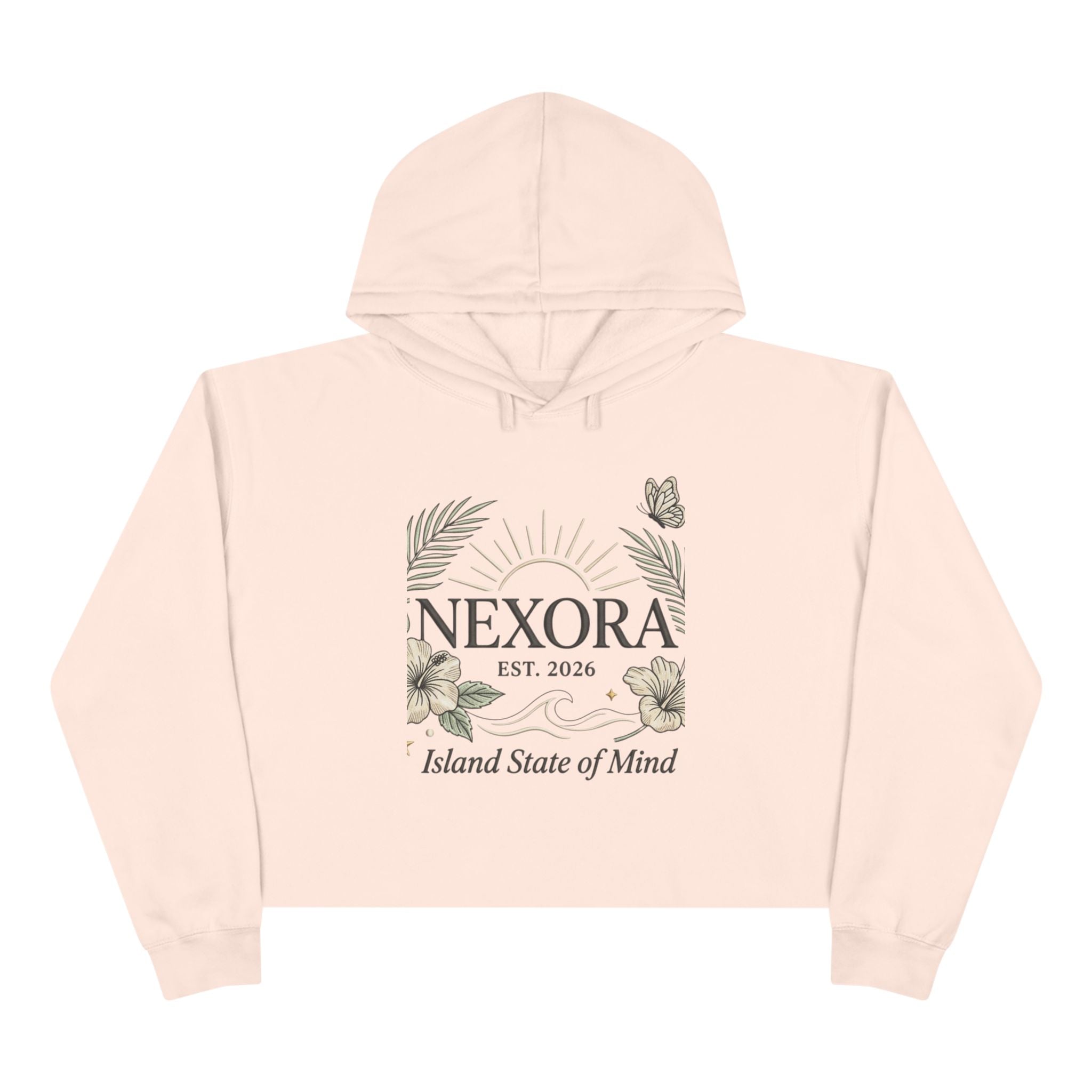 Nexora Crop Hoodie — "Island State of Mind" Floral Sun Graphic