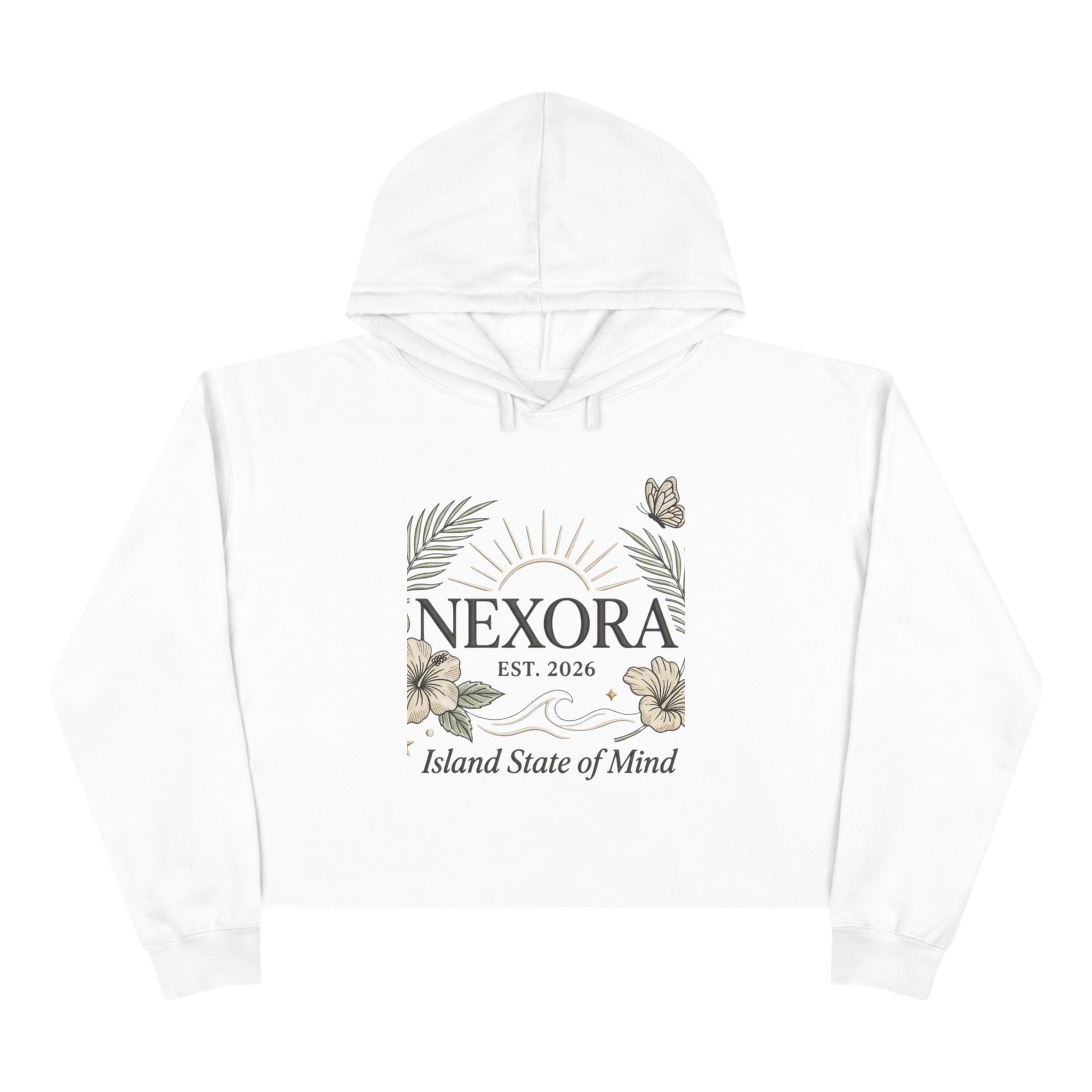 Nexora Crop Hoodie — "Island State of Mind" Floral Sun Graphic