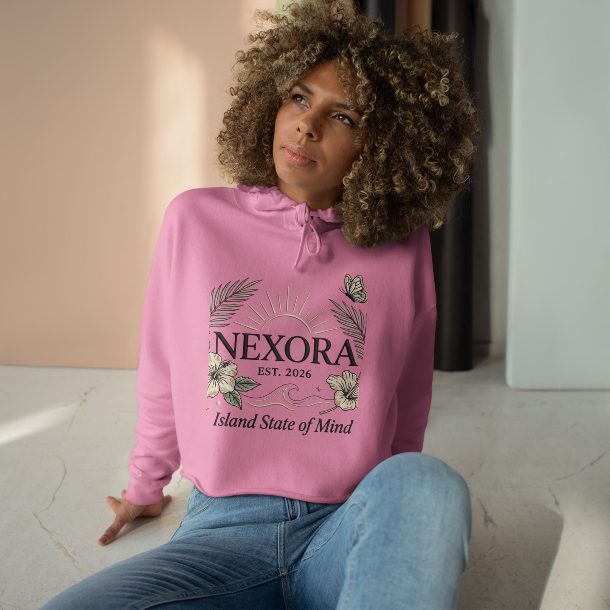 Nexora Crop Hoodie — "Island State of Mind" Floral Sun Graphic