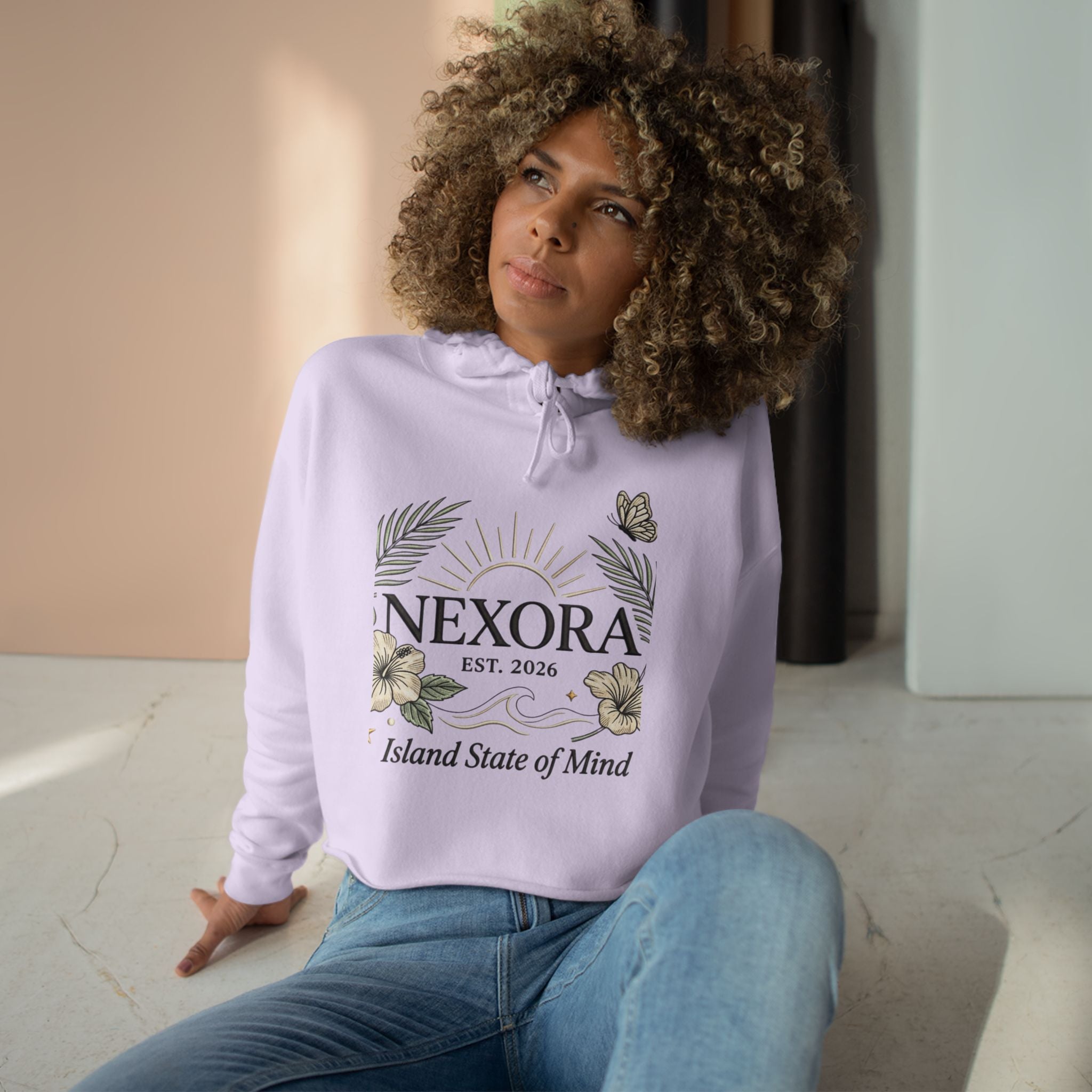 Nexora Crop Hoodie — "Island State of Mind" Floral Sun Graphic